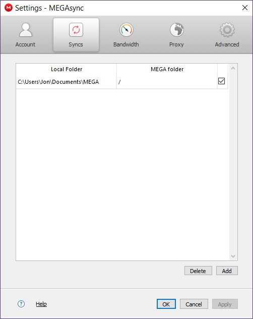MEGAsync settings in Windows 10